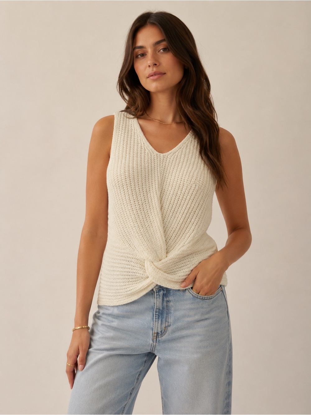 Greige Cream Knit Twist-Front Tank sz medium boho neutral